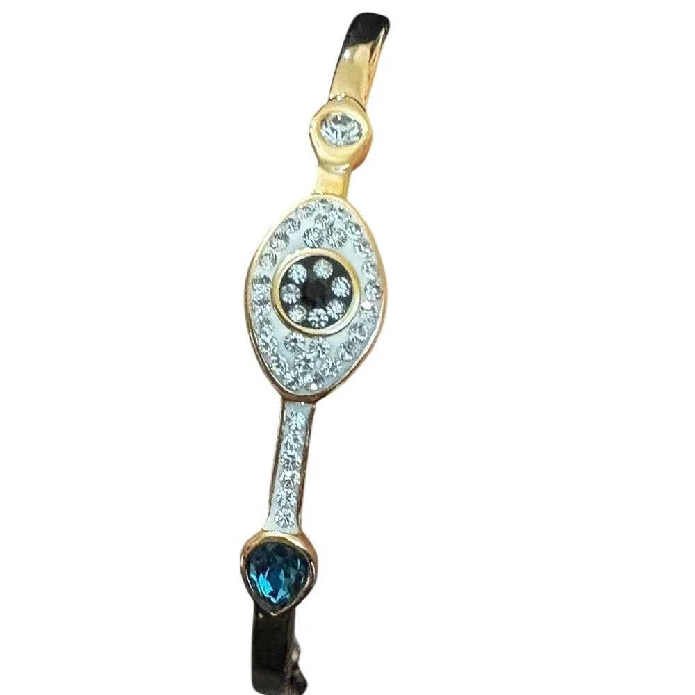 18k Gold Plated Evil Eye Cuff Bracelet Blue‎ Clear Crystals White Enamel